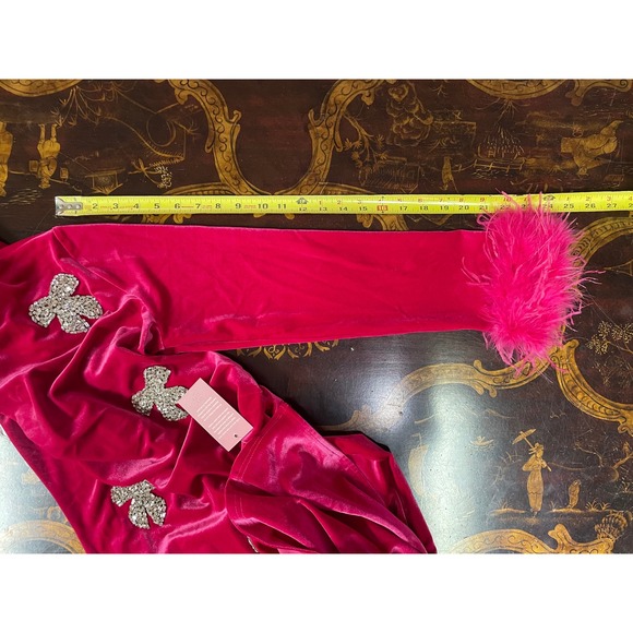 NWT Ivy City Co Pink Velvet Rhinestone Bows Feather Cuff Midi Dress Glam Twee M - Picture 8 of 15